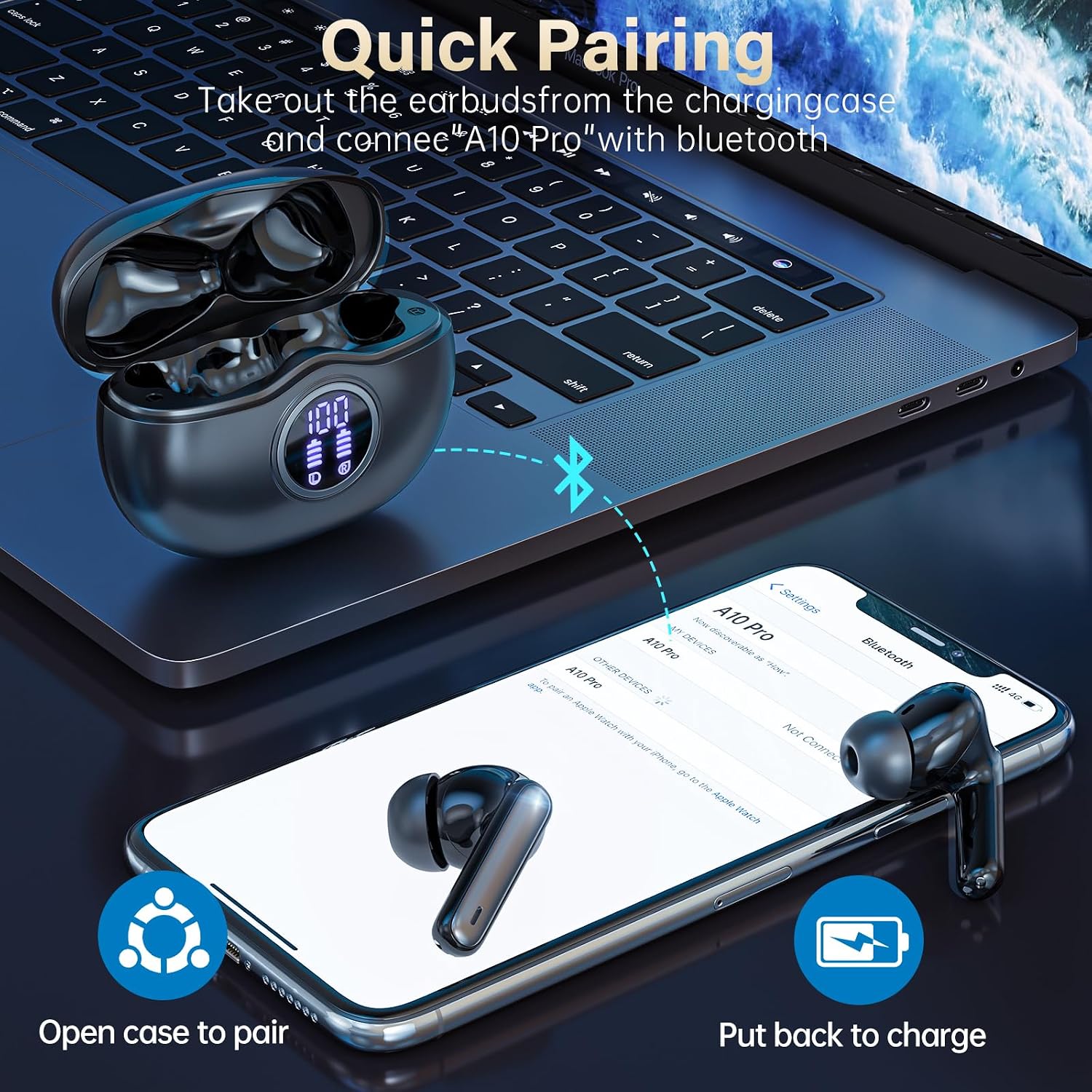Wireless Earbuds, Bluetooth 5.3 Headphones HiFi Stereo 50H Playback LED Digital Display Ear Buds with ENC Noise Canceling Headset, IPX7 Waterproof Earphones for Gym/Running/Work(White) - Image 2