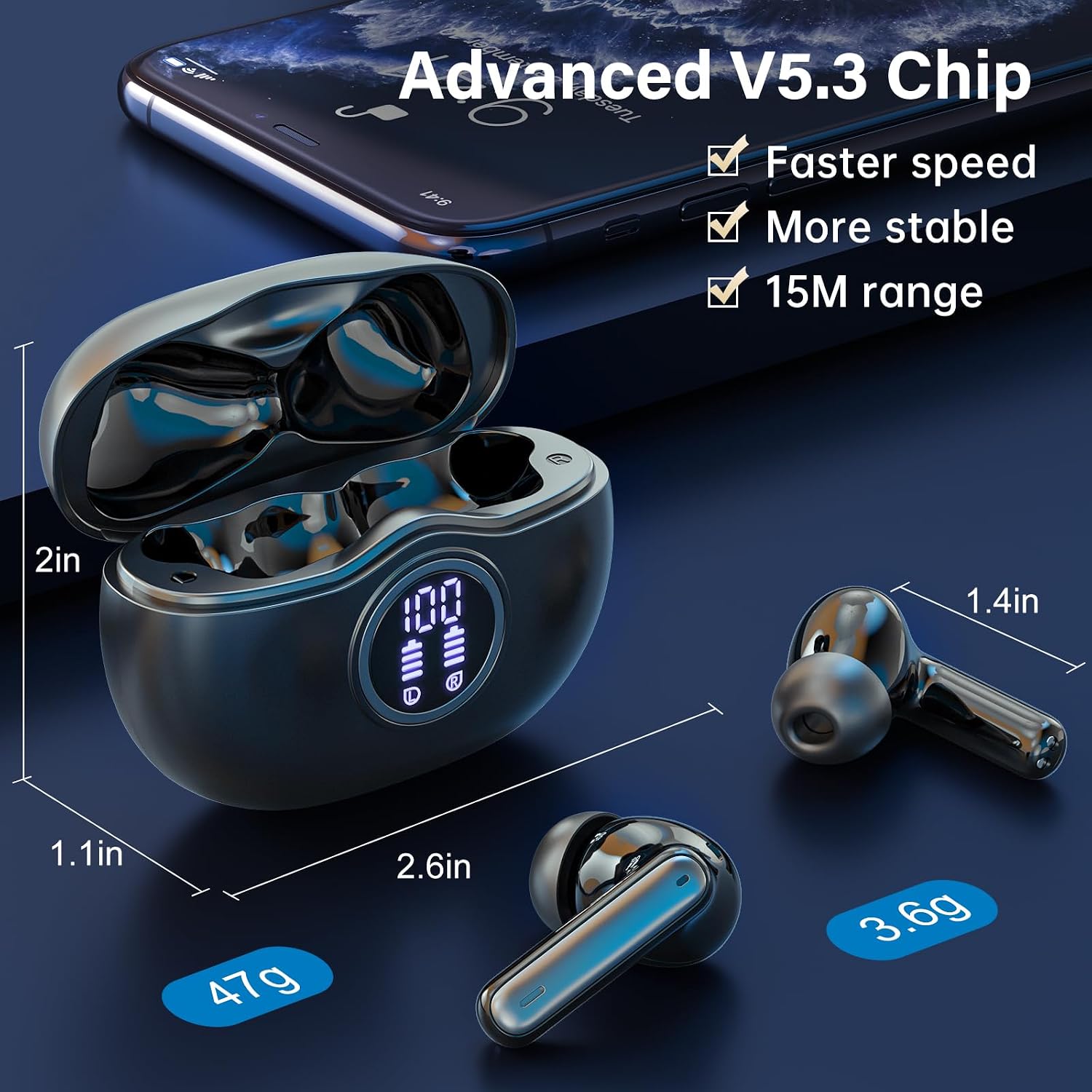 Wireless Earbuds, Bluetooth 5.3 Headphones HiFi Stereo 50H Playback LED Digital Display Ear Buds with ENC Noise Canceling Headset, IPX7 Waterproof Earphones for Gym/Running/Work(White) - Image 3